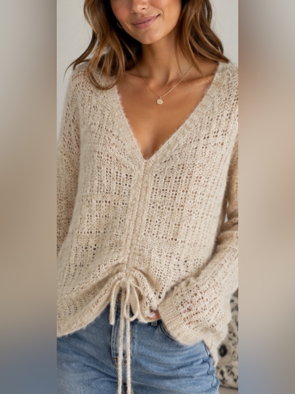 Hem & Thread Fuzzy Knit Sweater Women’s S Ivory Drawstring V Neck Boho Soft